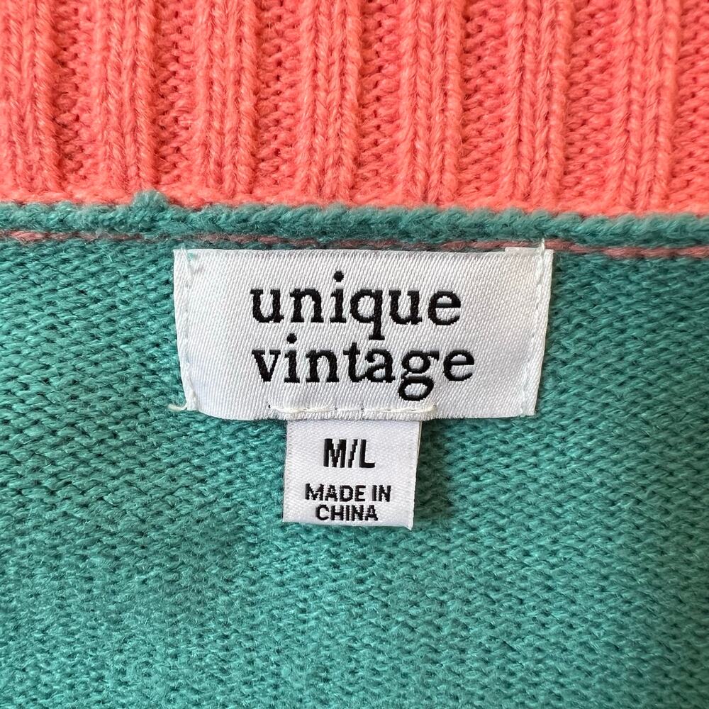 Unique Vintage Frog Cardigan Sweater M/L Colorblock Pink Blue - Picture 5 of 6